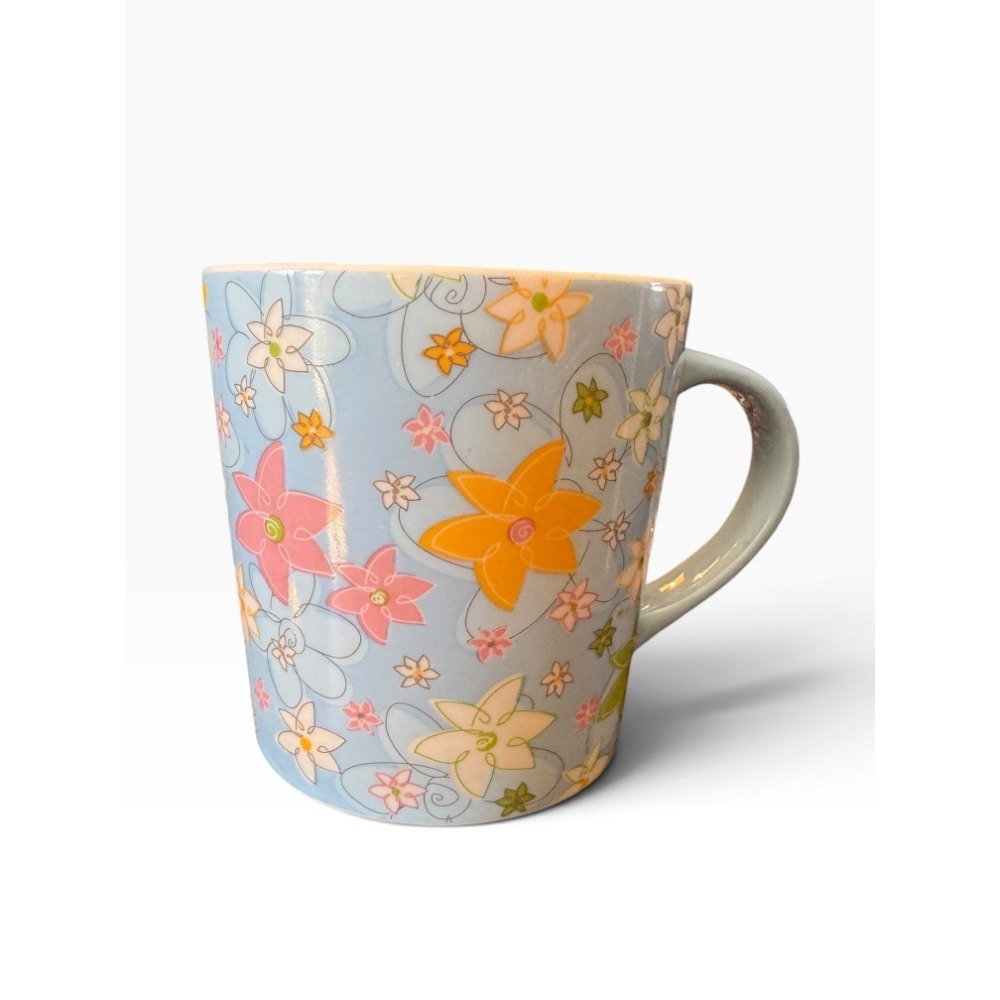 Starbucks 2005 Floral Coffee Mug Blue Pink Orange Flowers Ceramic Tea Cup Y2K